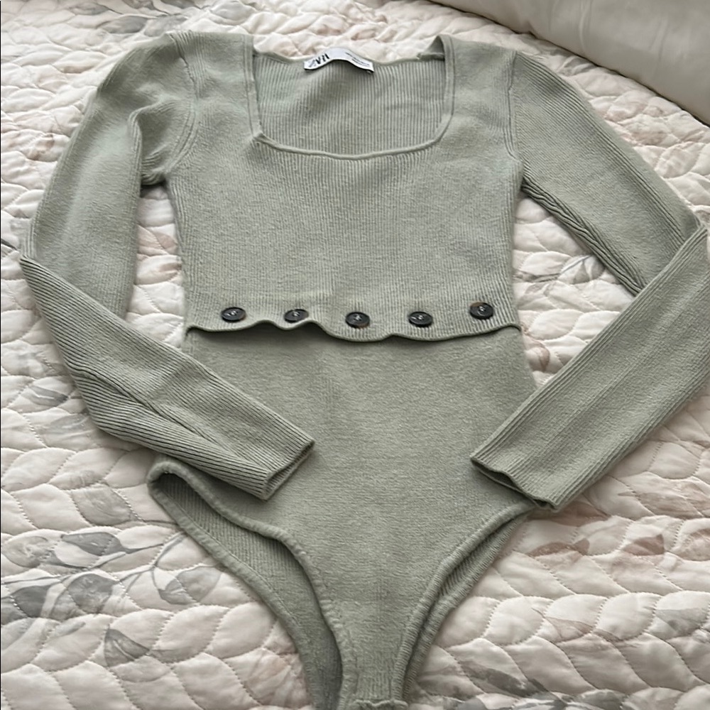 Zara Sage Green Ribbed Knit Top Bodysuit
